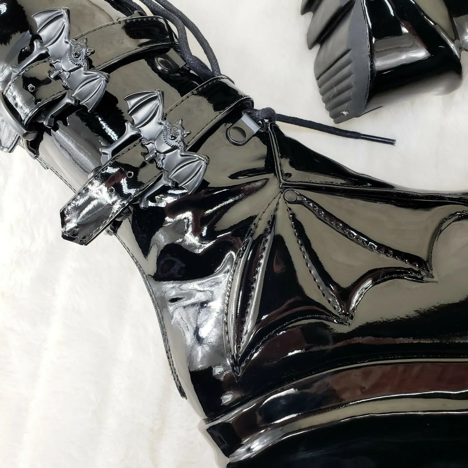 Wave 150 Bat Wing 6" Platform Goth Mid Calf Boots Black Patent In House