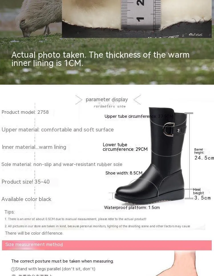 Winter Flat Non-slip Leather Shoes Fleece-lined Thermal Middle Tube Cotton Boots