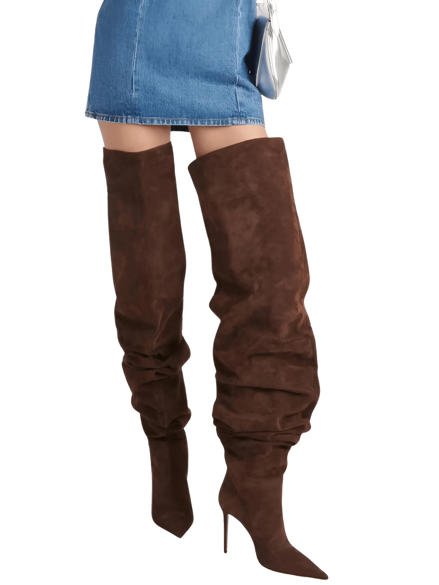 Woman's Brown Suede Stiletto Thigh High Boots Pointed Toe Slip-On Pleated Super High Heel Denim Boots