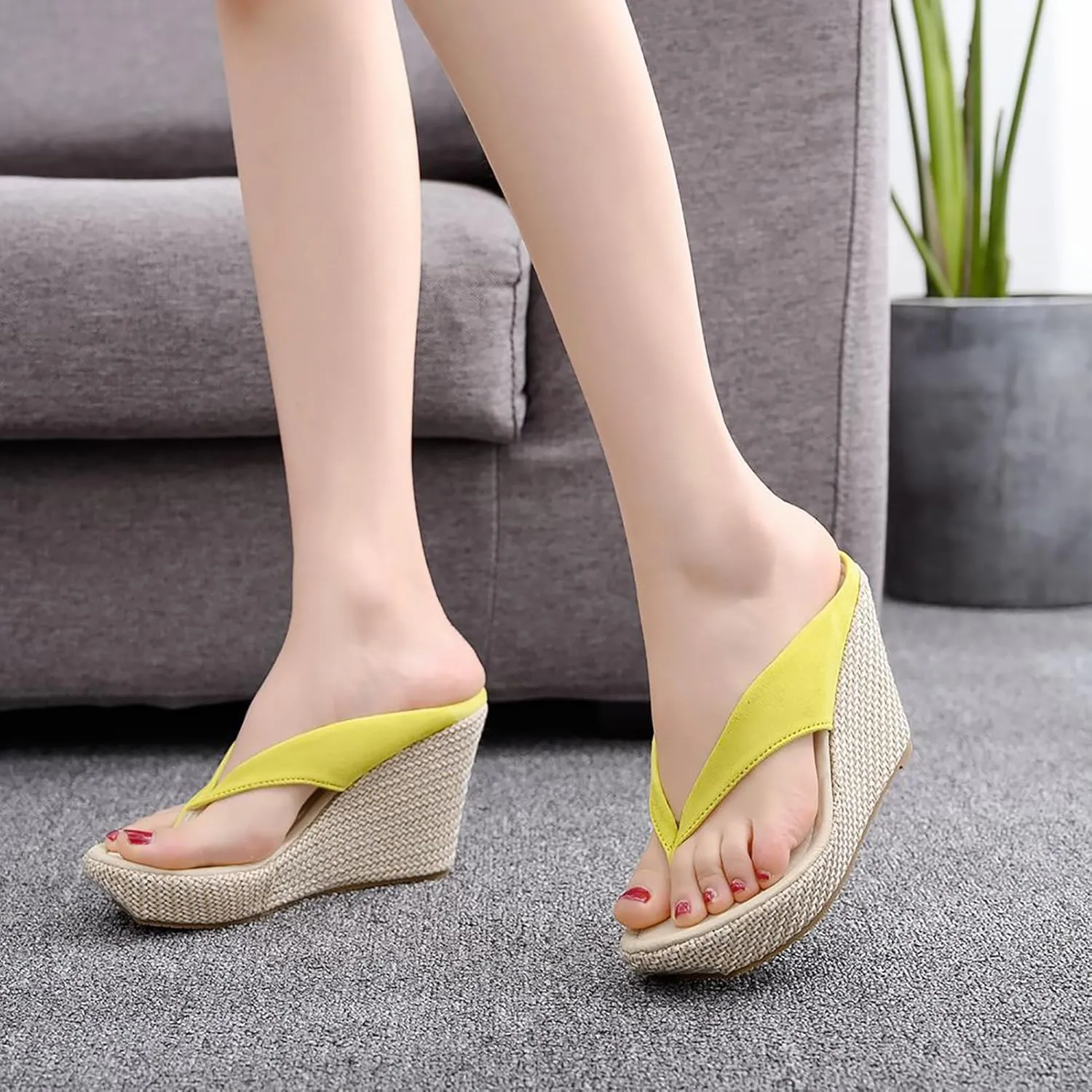 Women Beach Sandals Platform Wedges Sandals High Heels Wedges Slippers Flip Flops Flip Flops Plus Size,Yellow,42