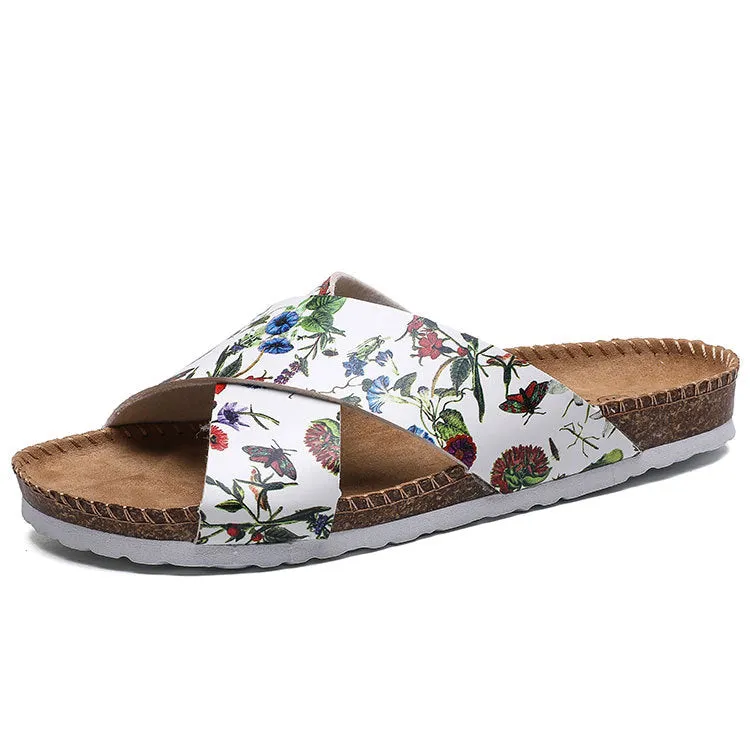Women Cork Slide Fashion Sandals Flower Print
