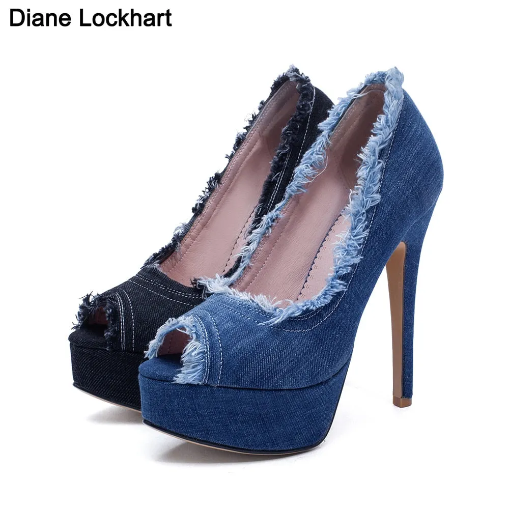 Women Denim High Heels Party Platform Shoes Fish Mouth