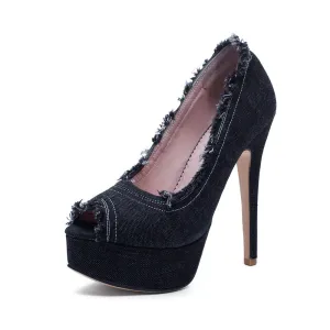 Women Denim High Heels Party Platform Shoes Fish Mouth