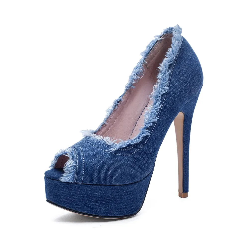 Women Denim High Heels Party Platform Shoes Fish Mouth