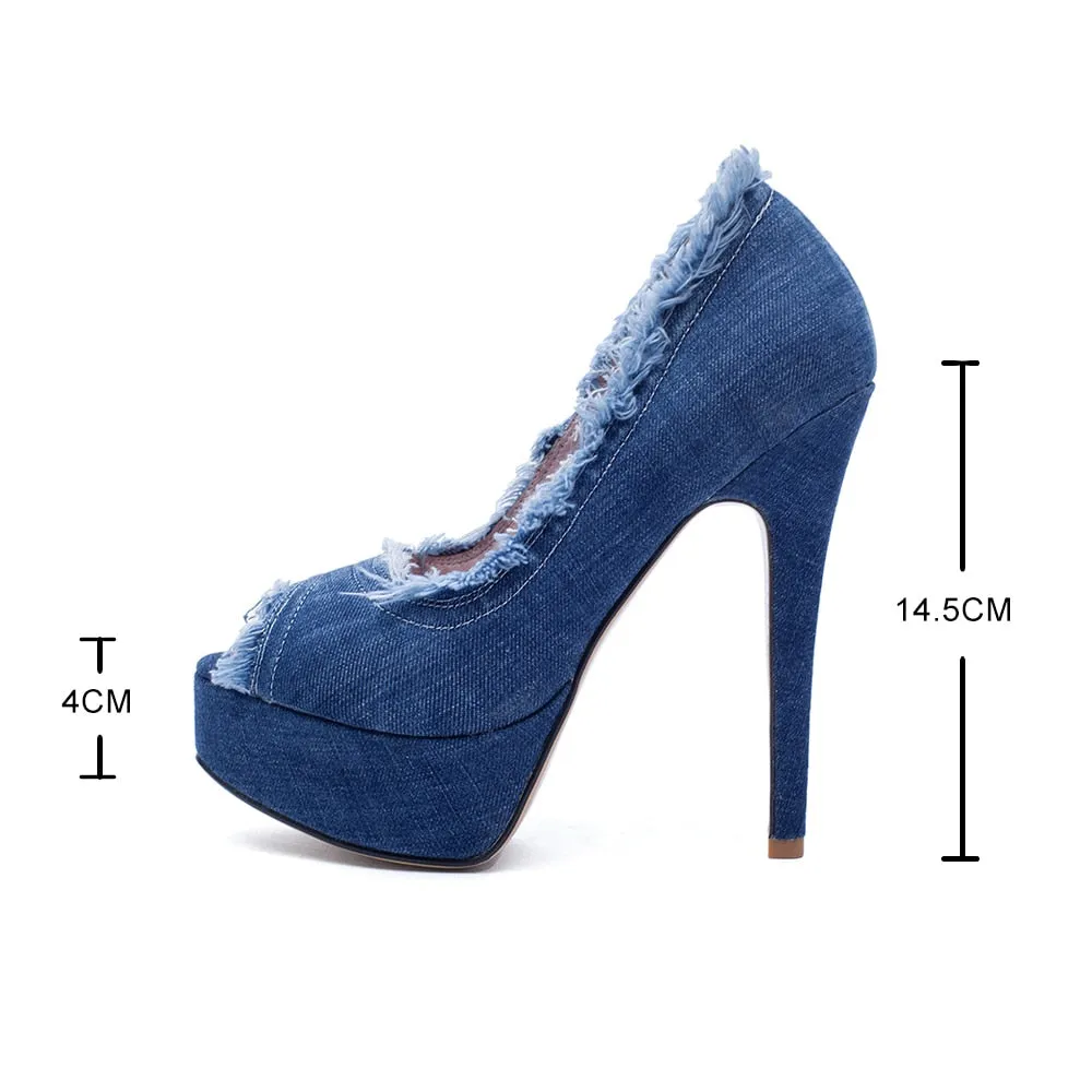 Women Denim High Heels Party Platform Shoes Fish Mouth