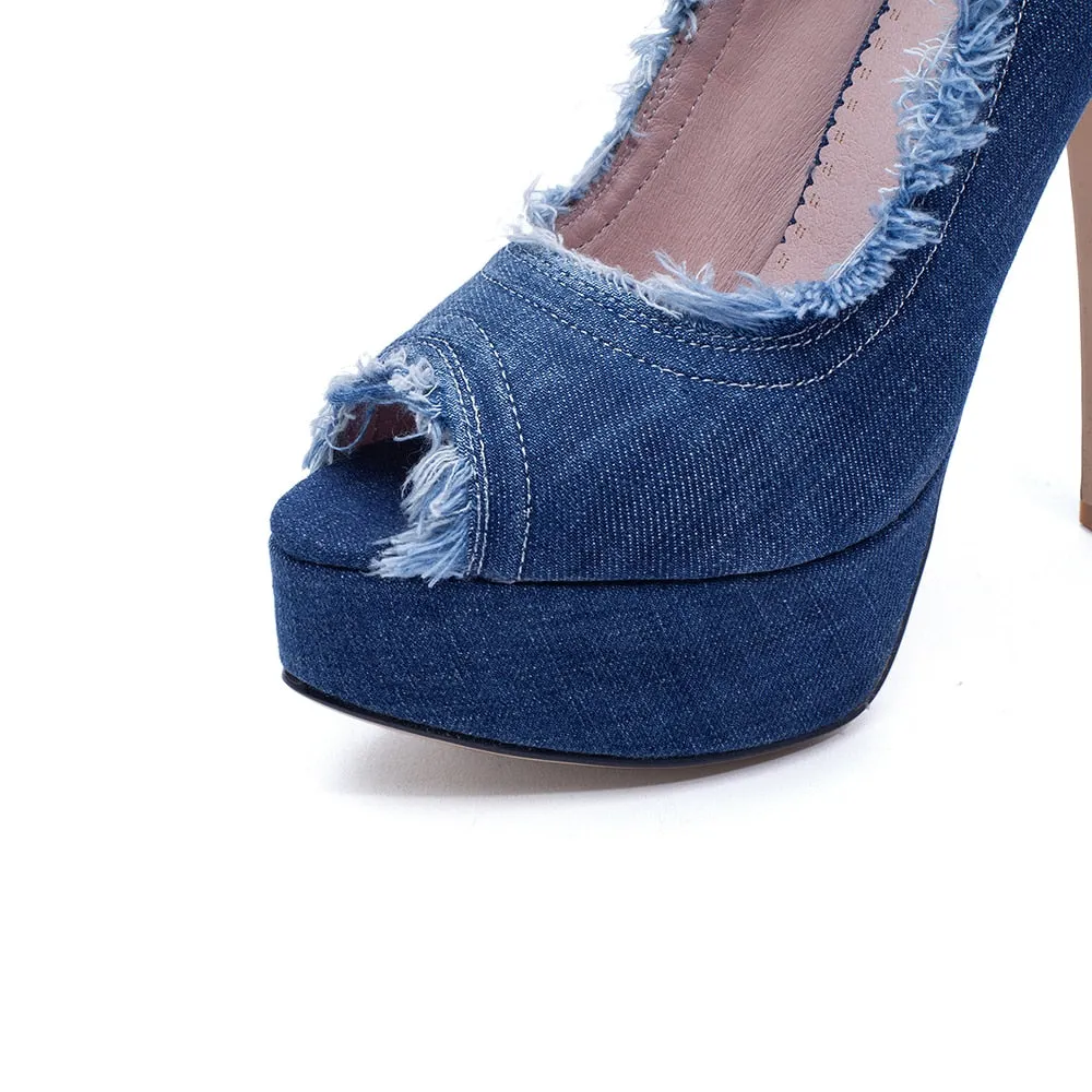 Women Denim High Heels Party Platform Shoes Fish Mouth