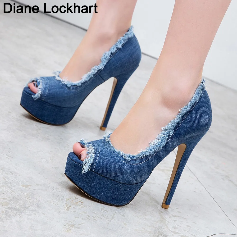 Women Denim High Heels Party Platform Shoes Fish Mouth