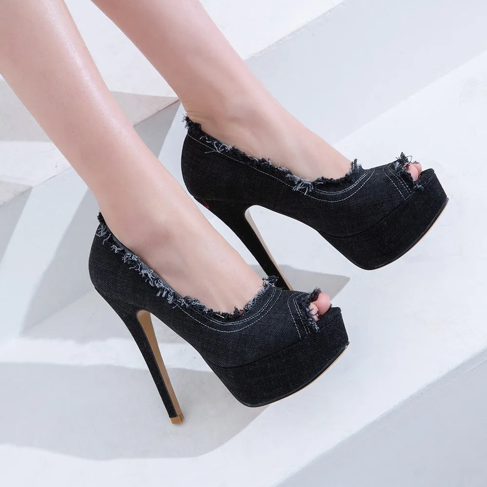 Women Denim High Heels Party Platform Shoes Fish Mouth