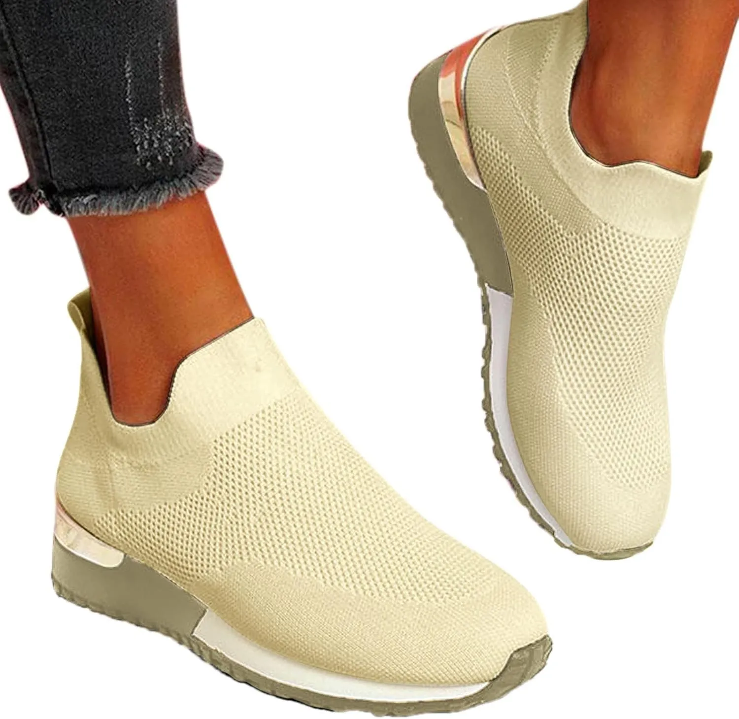 Women Woven Sneakers Comfortable Lightweight Breathable Casual Sneakers with Arch Support Mesh Slip On Walking Shoes