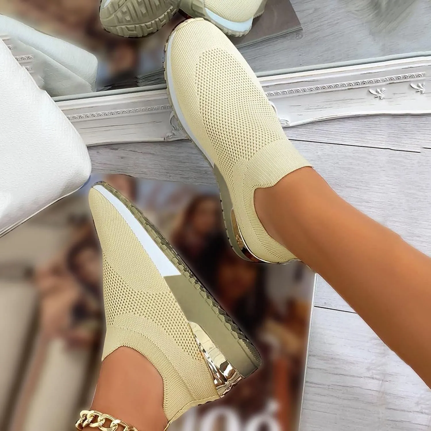 Women Woven Sneakers Comfortable Lightweight Breathable Casual Sneakers with Arch Support Mesh Slip On Walking Shoes