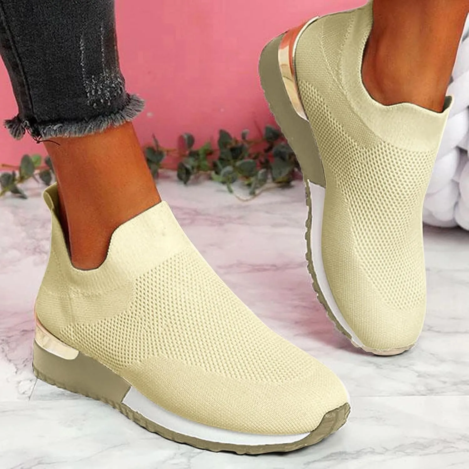 Women Woven Sneakers Comfortable Lightweight Breathable Casual Sneakers with Arch Support Mesh Slip On Walking Shoes