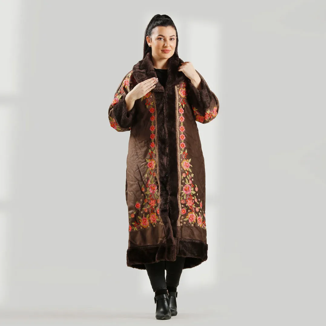 Women's Abaya With Fur Lined, Distinctive Embroidery, zipper closure, hodded cap/ Brown Color -7902