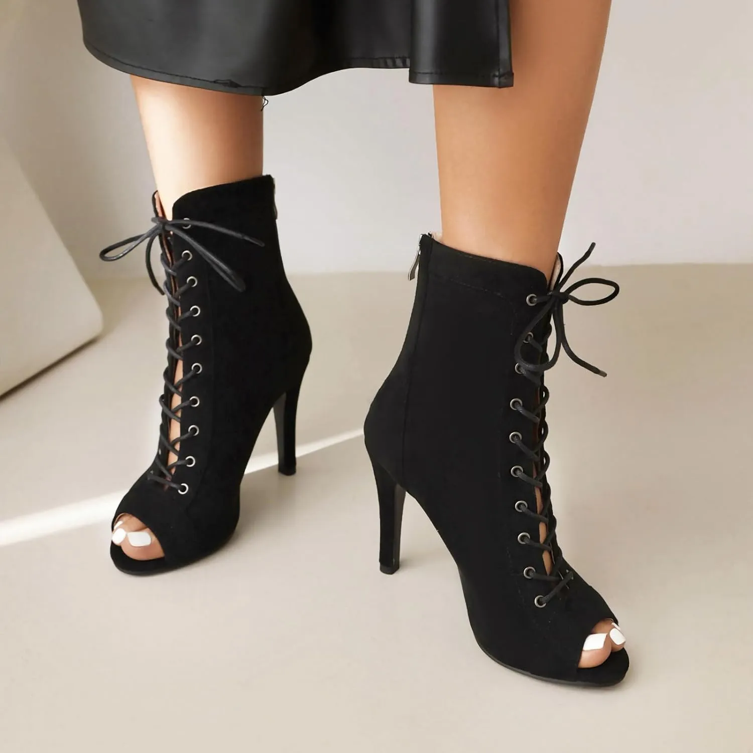 Women's Ankle Dance Boots Peep Toe Dance Heels Salsa Ballroom Lace up Latin Dance Shoes