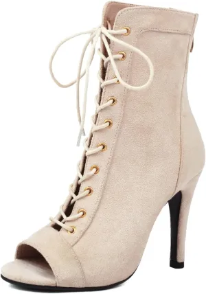 Women's Ankle Dance Boots Peep Toe Dance Heels Salsa Ballroom Lace up Latin Dance Shoes