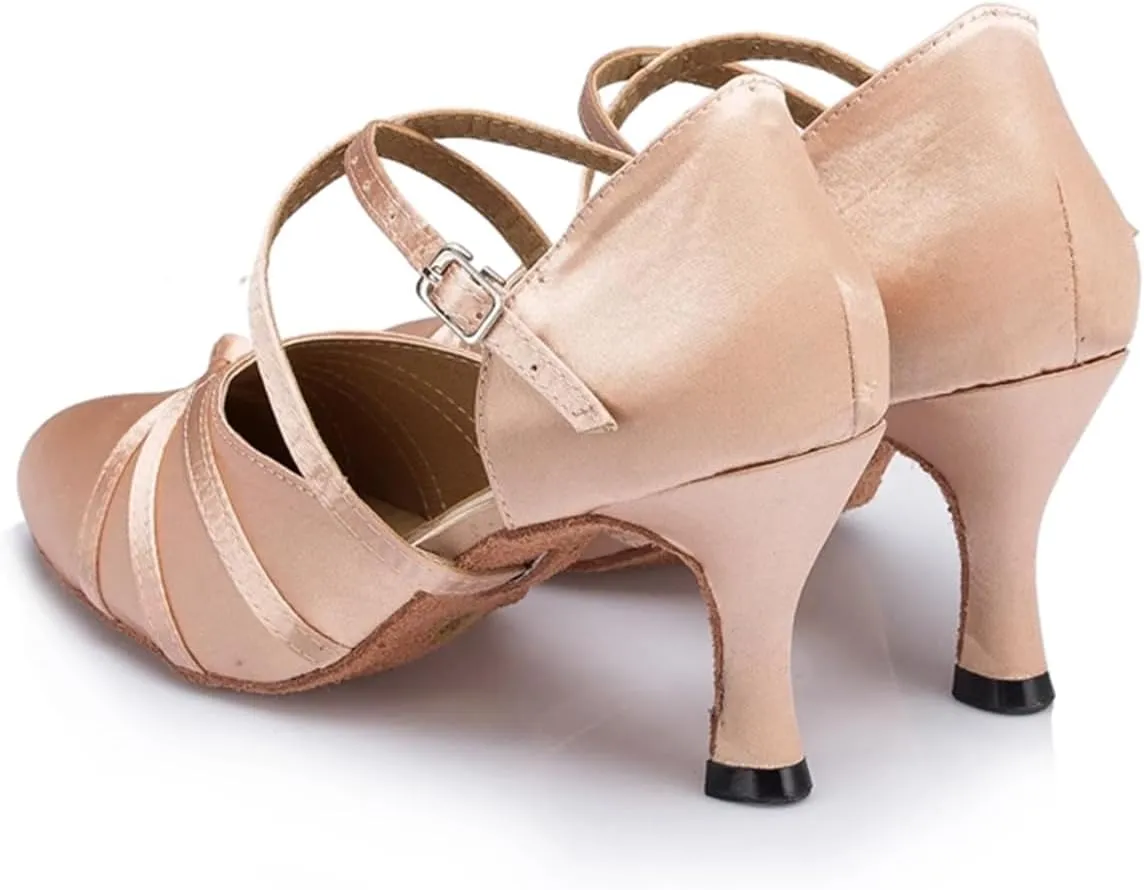 Womens Ballroom Dance Shoes, Comfortable Satin Dance Heels for Indoor, Close Toe Salsa Tango Latin Dance Shoes