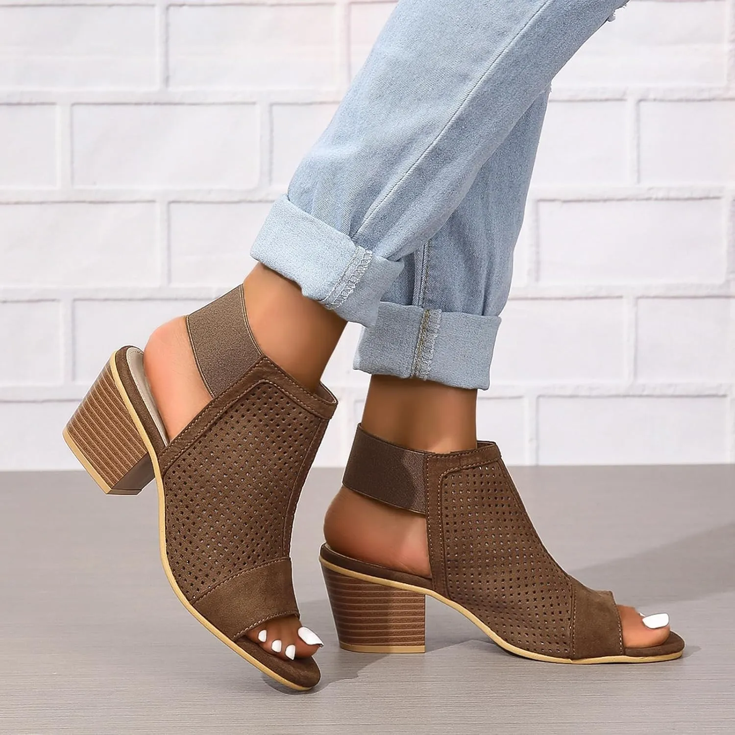 Women's Black Stacked Heeled Sandals Ankle Buckle Cutout Chunky Block Heel Open Toe Sandal Summer Dress Shoes Booties