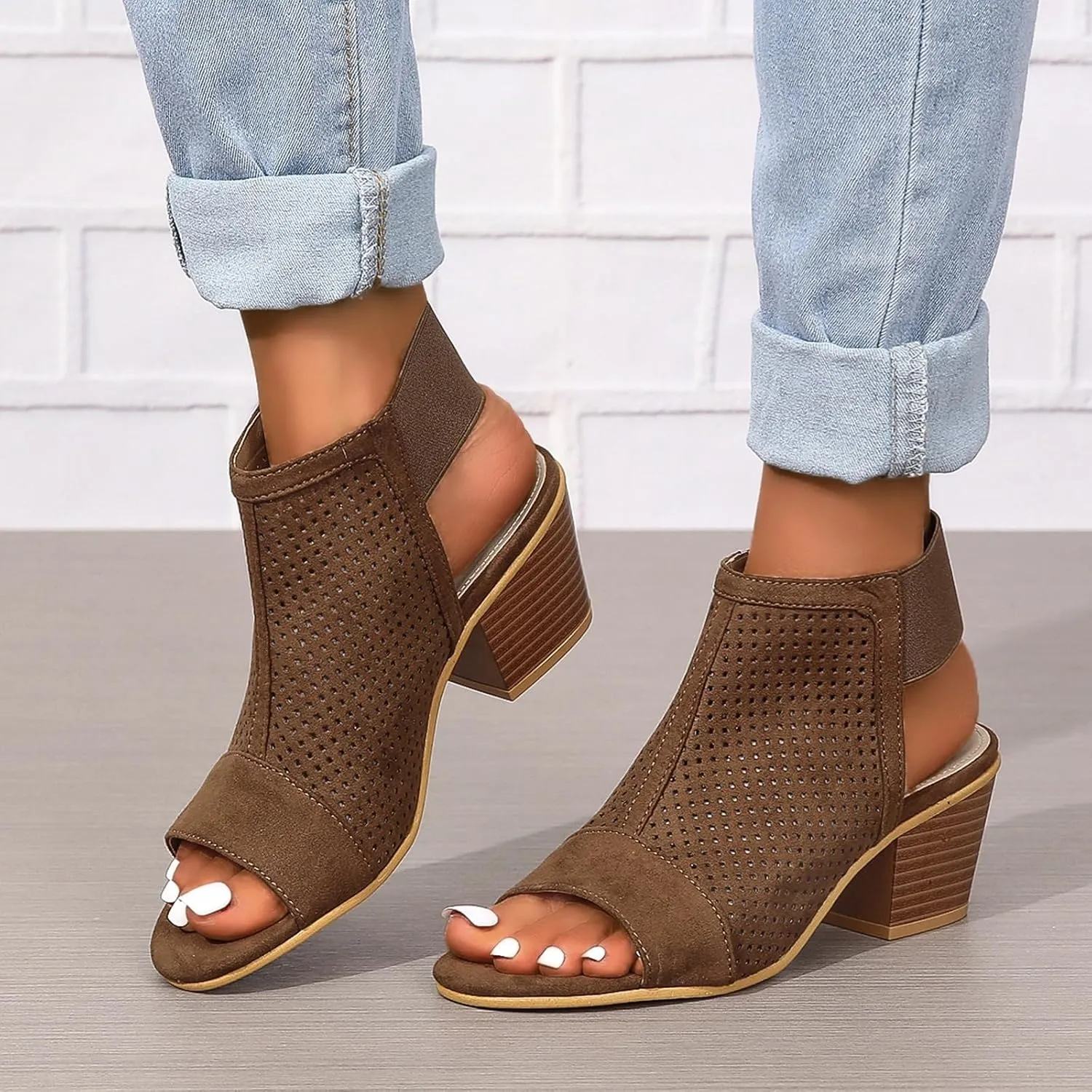 Women's Black Stacked Heeled Sandals Ankle Buckle Cutout Chunky Block Heel Open Toe Sandal Summer Dress Shoes Booties