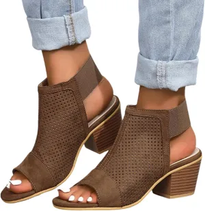 Women's Black Stacked Heeled Sandals Ankle Buckle Cutout Chunky Block Heel Open Toe Sandal Summer Dress Shoes Booties