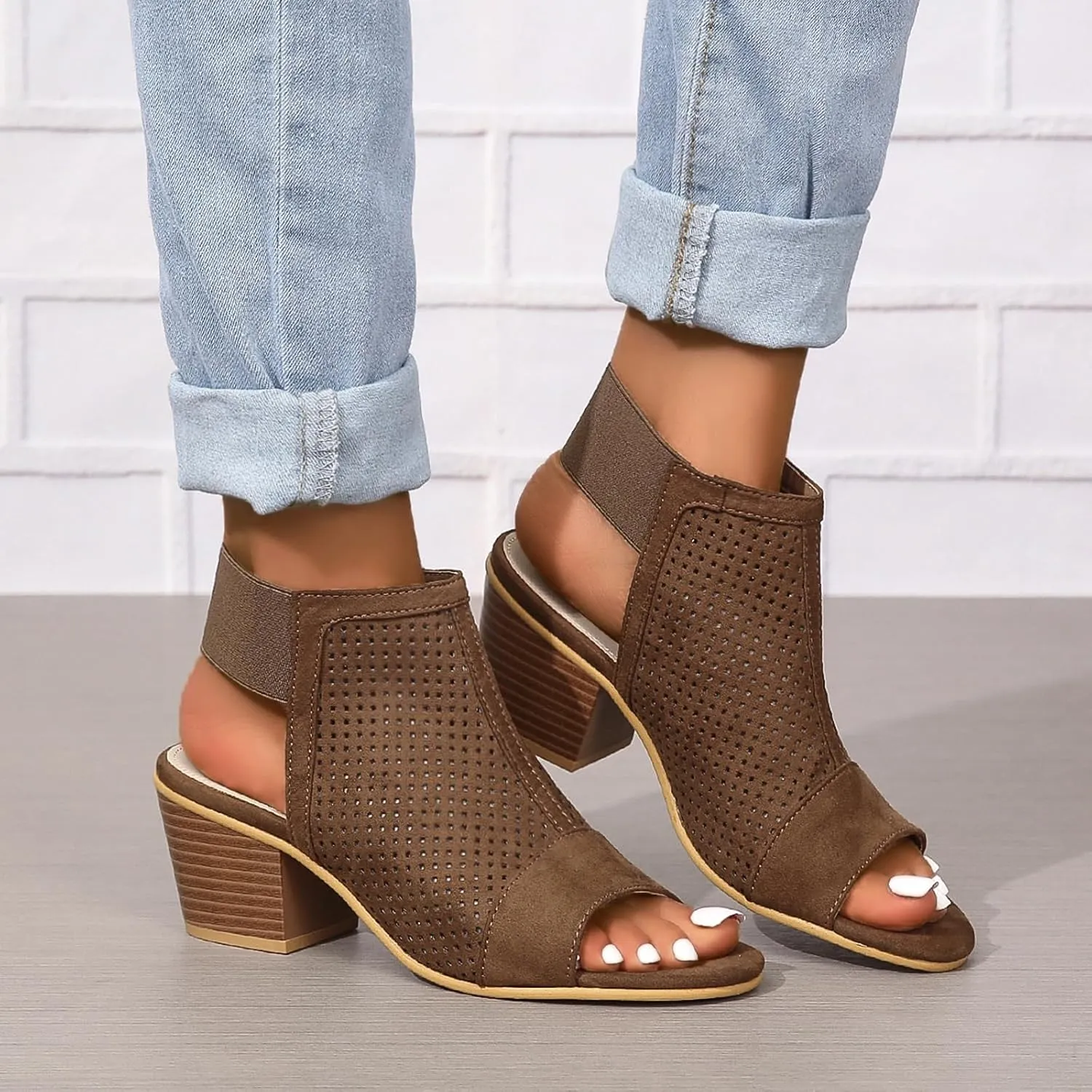 Women's Black Stacked Heeled Sandals Ankle Buckle Cutout Chunky Block Heel Open Toe Sandal Summer Dress Shoes Booties
