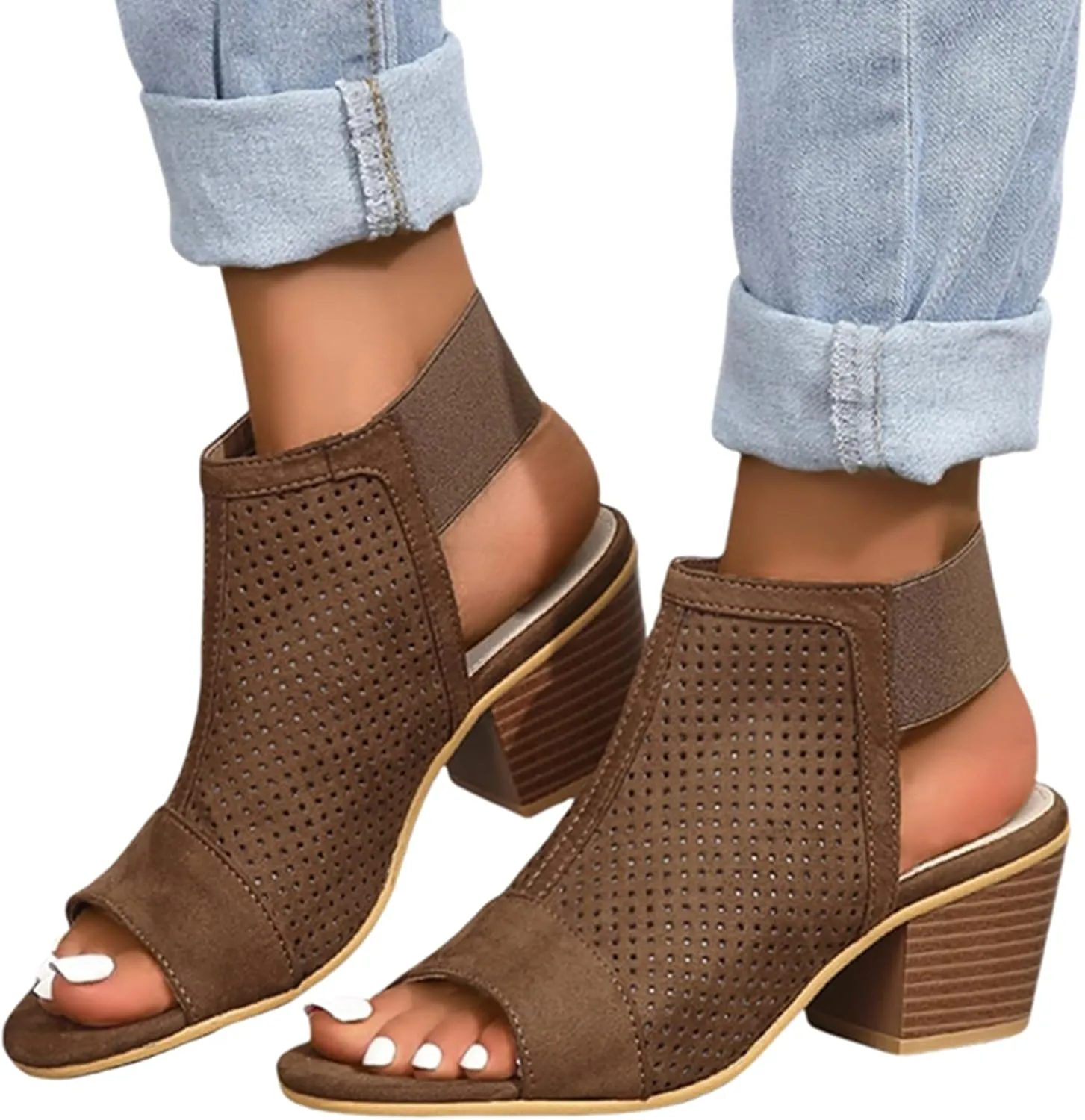 Women's Black Stacked Heeled Sandals Ankle Buckle Cutout Chunky Block Heel Open Toe Sandal Summer Dress Shoes Booties