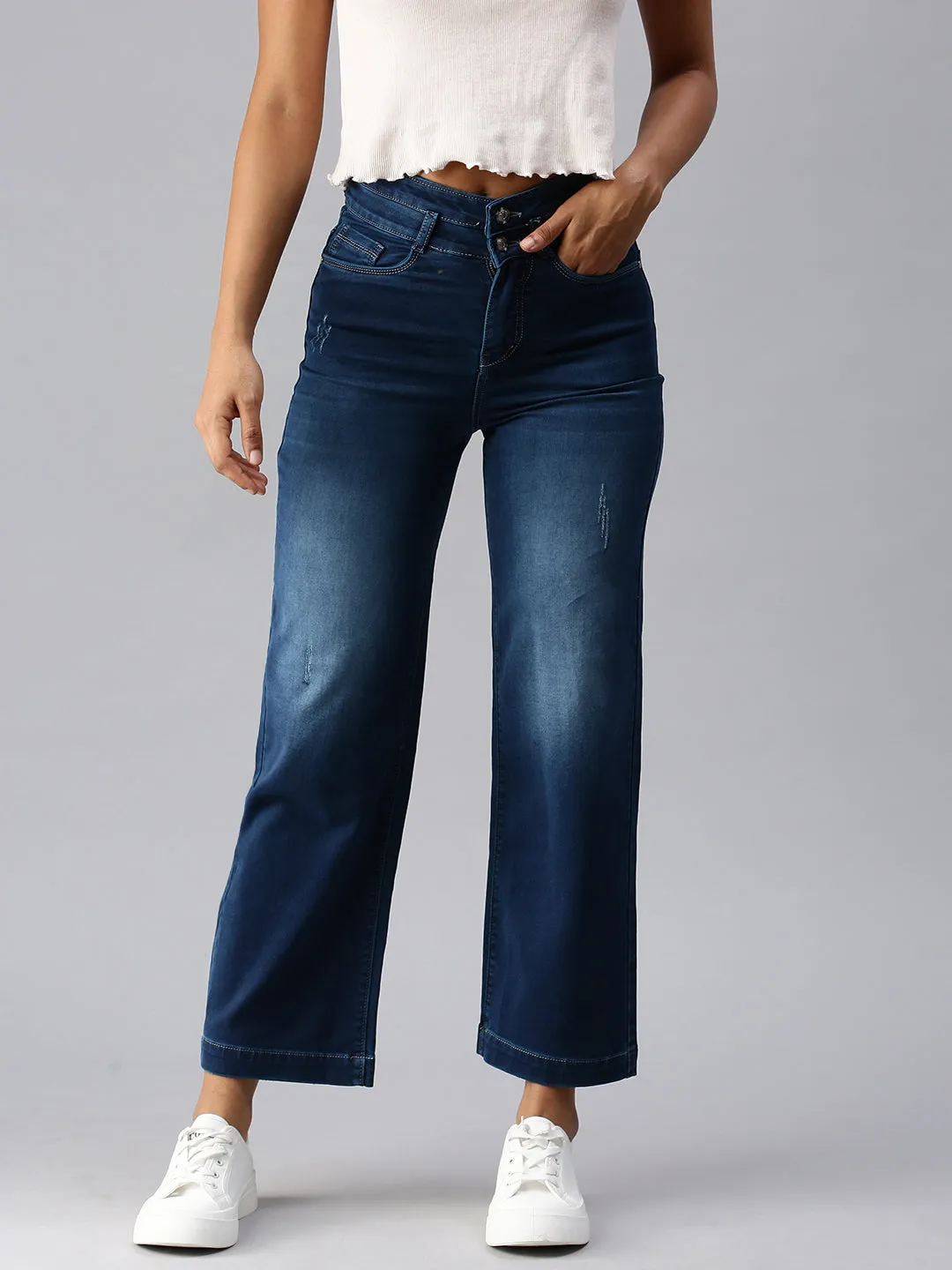 Women's Blue Solid Wide Leg Denim Jeans