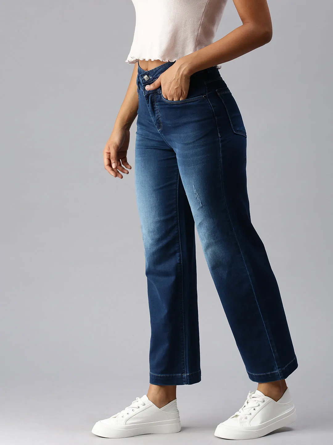 Women's Blue Solid Wide Leg Denim Jeans
