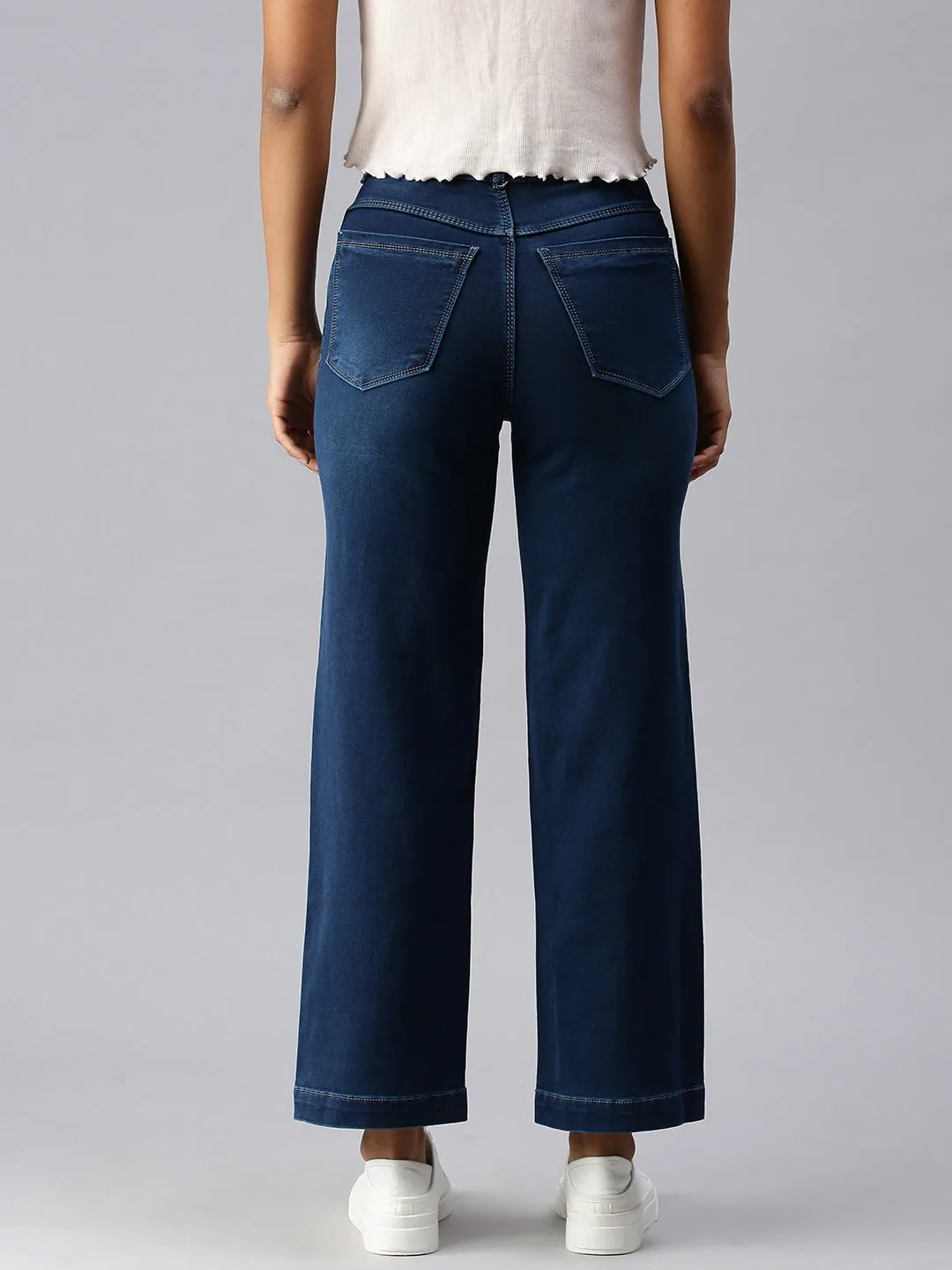 Women's Blue Solid Wide Leg Denim Jeans