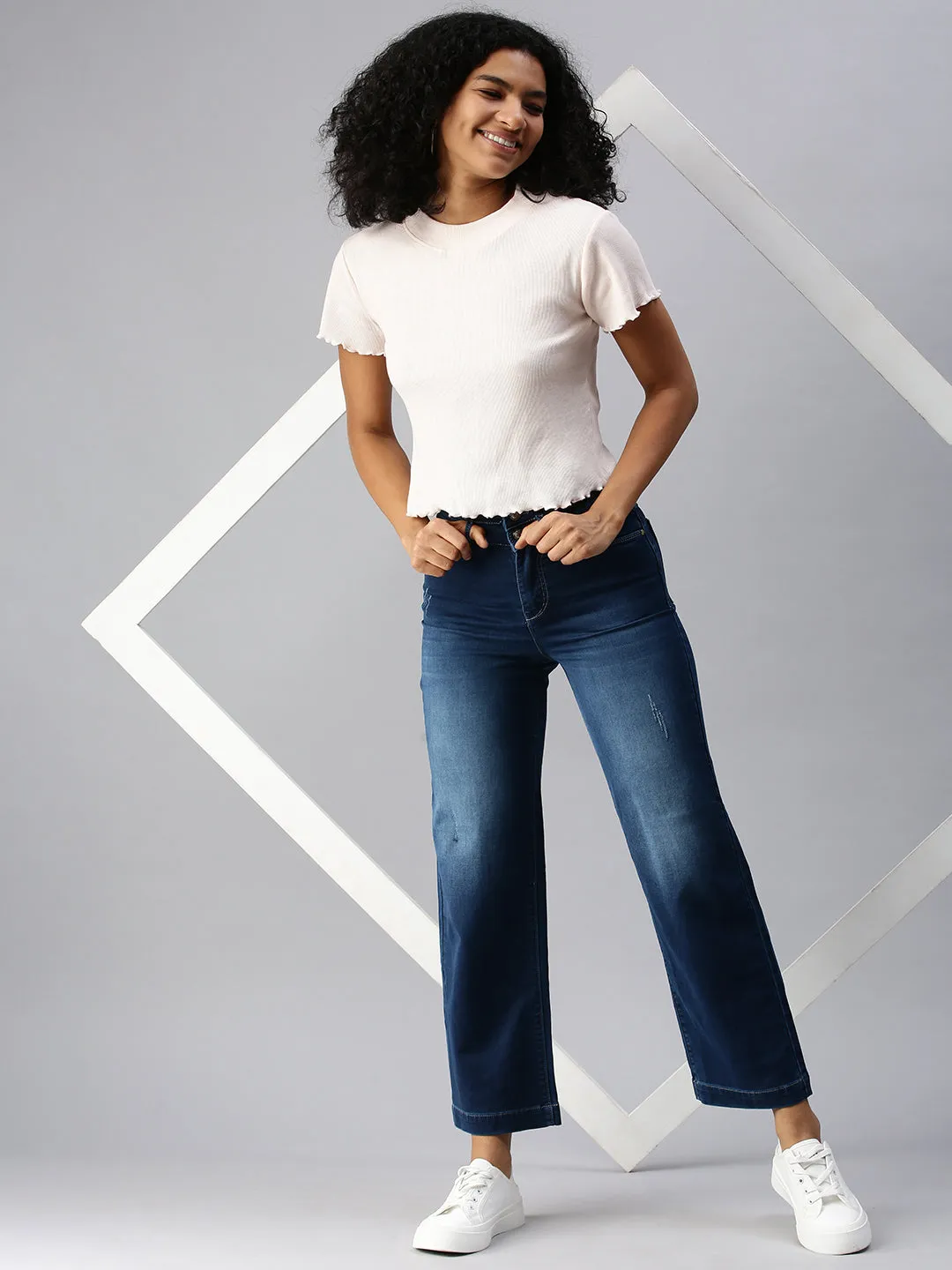 Women's Blue Solid Wide Leg Denim Jeans