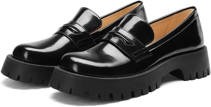 Womens Chunky Penny Loafers, Platform Lug Sole Slip On Business Casual Shoes, Patent Leather Comfortable Work Dressy Ladies Loafers