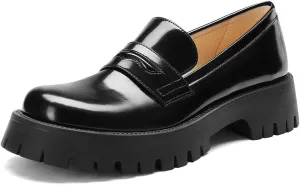 Womens Chunky Penny Loafers, Platform Lug Sole Slip On Business Casual Shoes, Patent Leather Comfortable Work Dressy Ladies Loafers