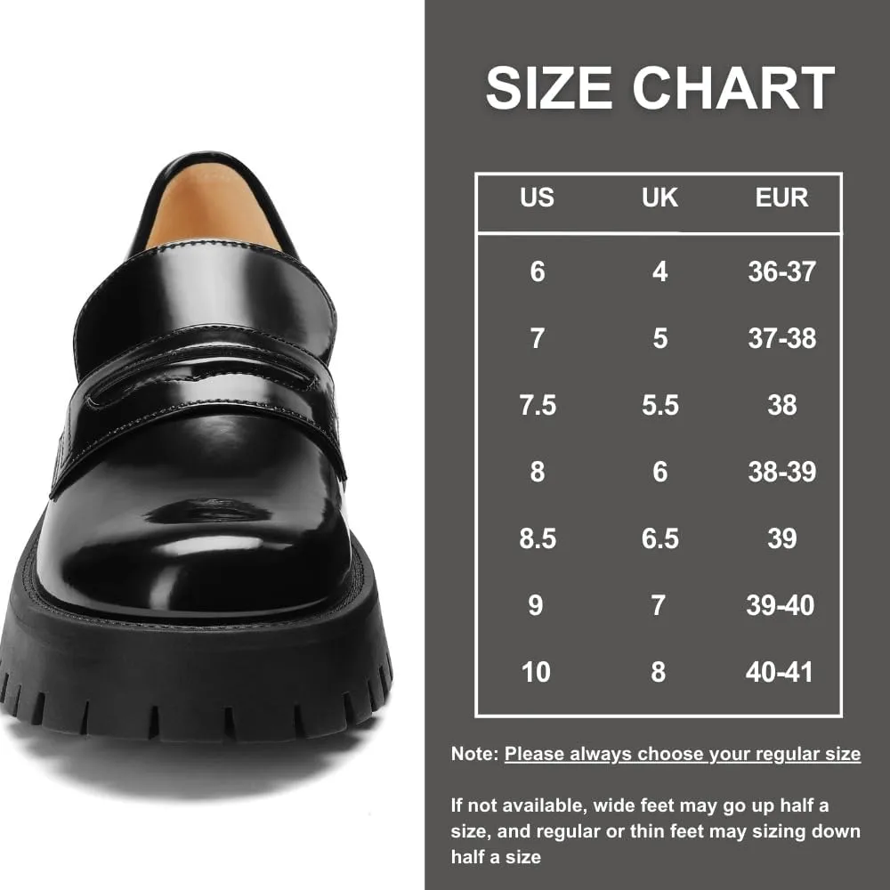 Womens Chunky Penny Loafers, Platform Lug Sole Slip On Business Casual Shoes, Patent Leather Comfortable Work Dressy Ladies Loafers