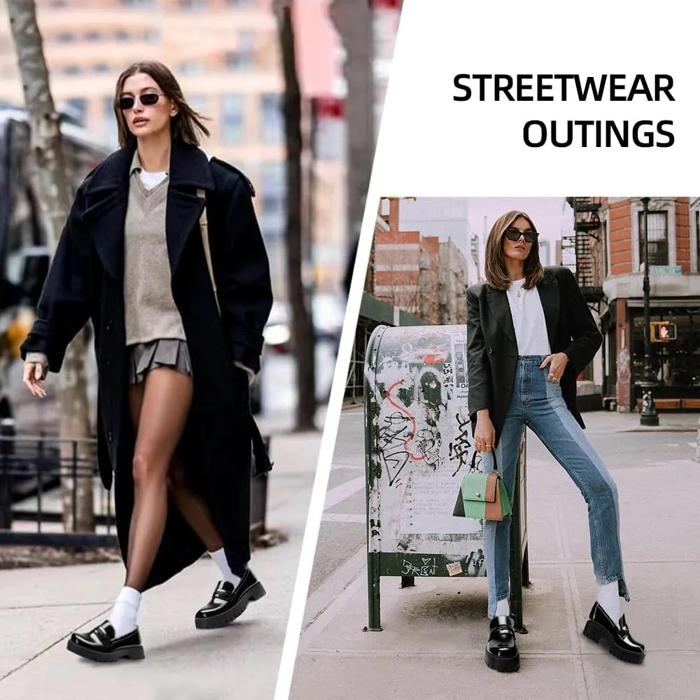 Womens Chunky Penny Loafers, Platform Lug Sole Slip On Business Casual Shoes, Patent Leather Comfortable Work Dressy Ladies Loafers