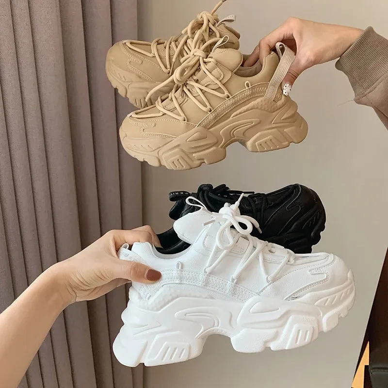 Women's Chunky White Leather Sneakers - Platform Trainers with Hidden Lift, Casual Zapatillas Mujer