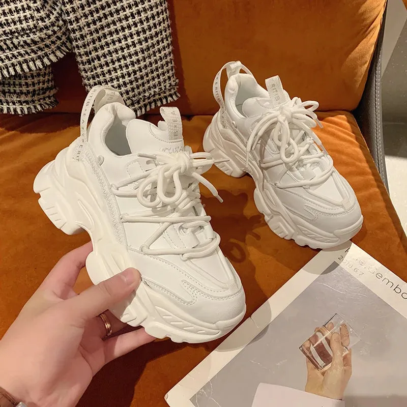 Women's Chunky White Leather Sneakers - Platform Trainers with Hidden Lift, Casual Zapatillas Mujer