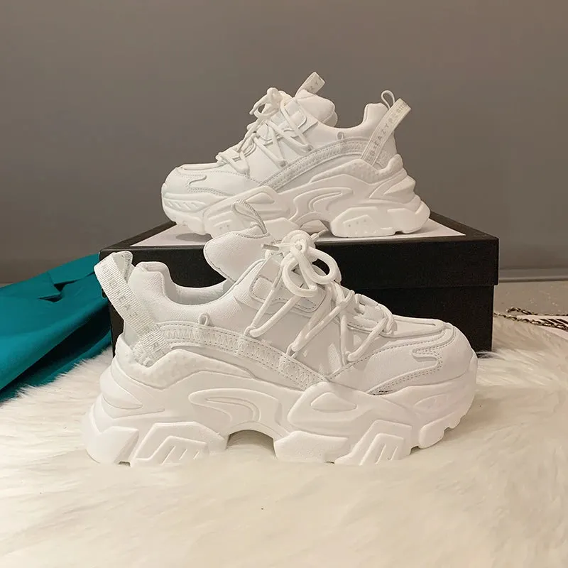 Women's Chunky White Leather Sneakers - Platform Trainers with Hidden Lift, Casual Zapatillas Mujer