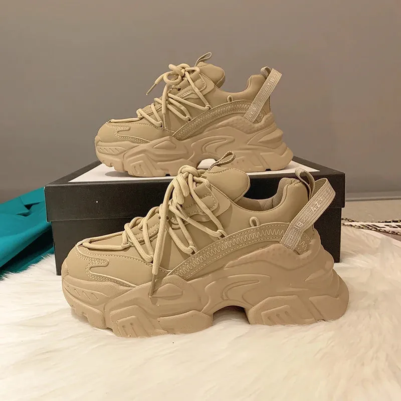 Women's Chunky White Leather Sneakers - Platform Trainers with Hidden Lift, Casual Zapatillas Mujer