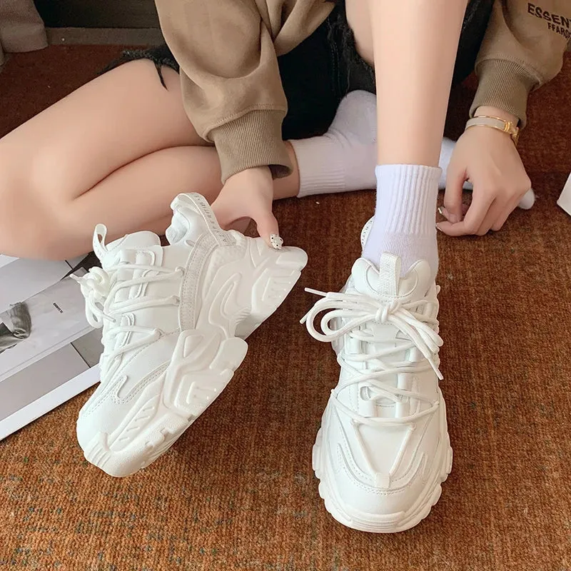 Women's Chunky White Leather Sneakers - Platform Trainers with Hidden Lift, Casual Zapatillas Mujer