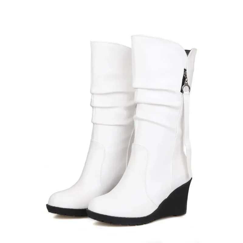 Women's Classic Black PU Wedge Heel Boots With Zipper Pull