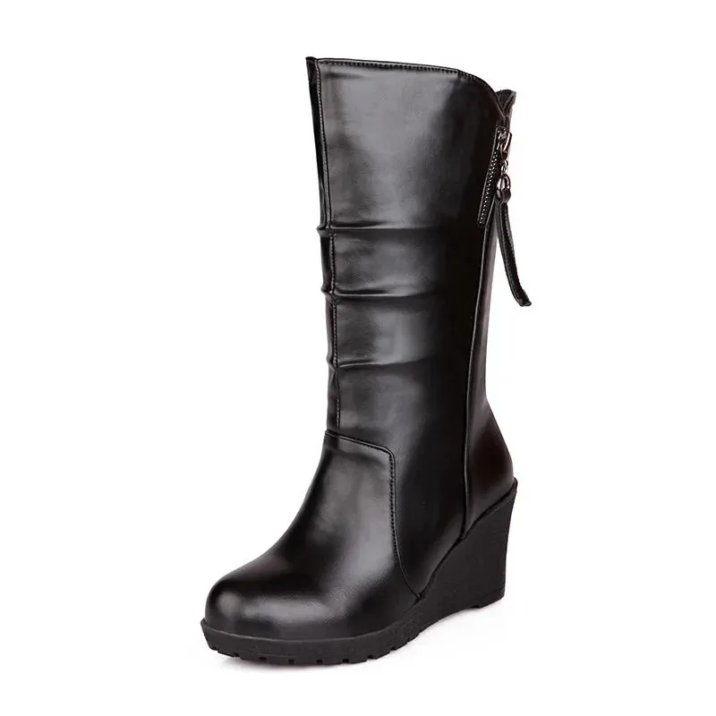 Women's Classic Black PU Wedge Heel Boots With Zipper Pull