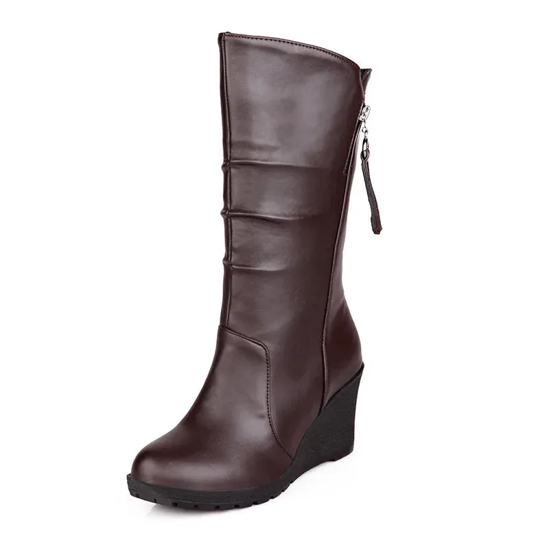 Women's Classic Black PU Wedge Heel Boots With Zipper Pull