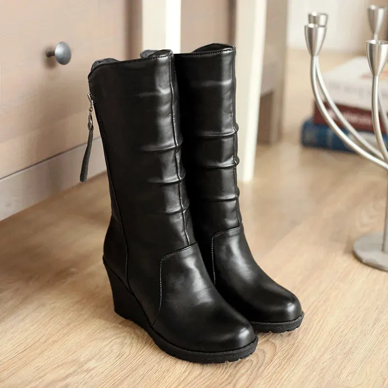 Women's Classic Black PU Wedge Heel Boots With Zipper Pull