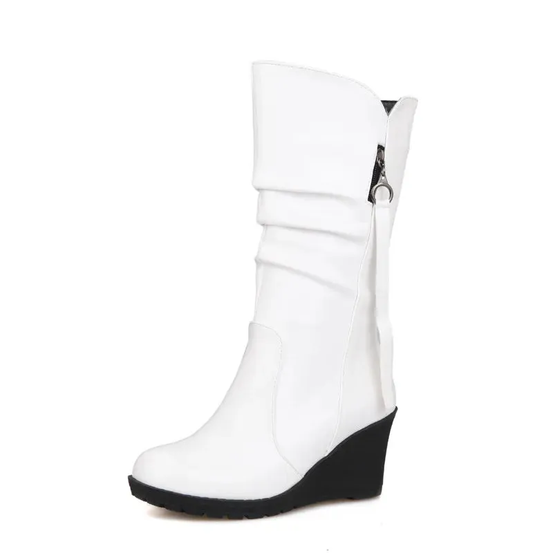 Women's Classic Black PU Wedge Heel Boots With Zipper Pull