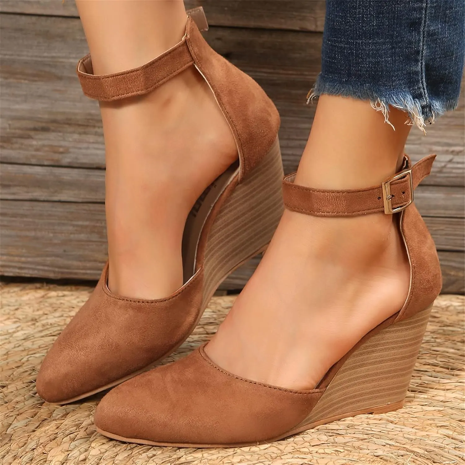 Women's Closed Toe Wedge Sandals, Comfortable Pointed Toe Buckle Ankle Strap Wedges Heels Pumps Cork Casual & Dressy Summer Shoes (A-Brown, 7)