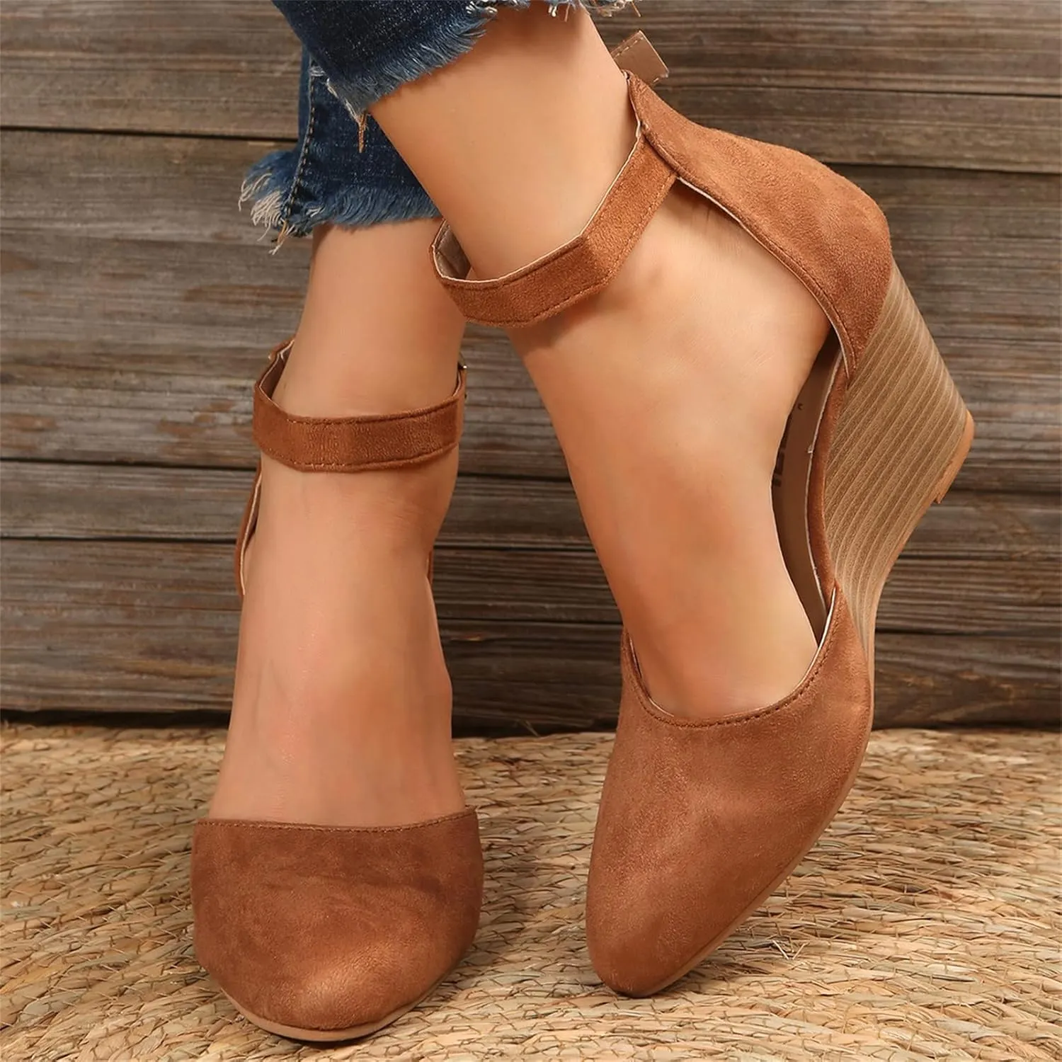 Women's Closed Toe Wedge Sandals, Comfortable Pointed Toe Buckle Ankle Strap Wedges Heels Pumps Cork Casual & Dressy Summer Shoes (A-Brown, 7)