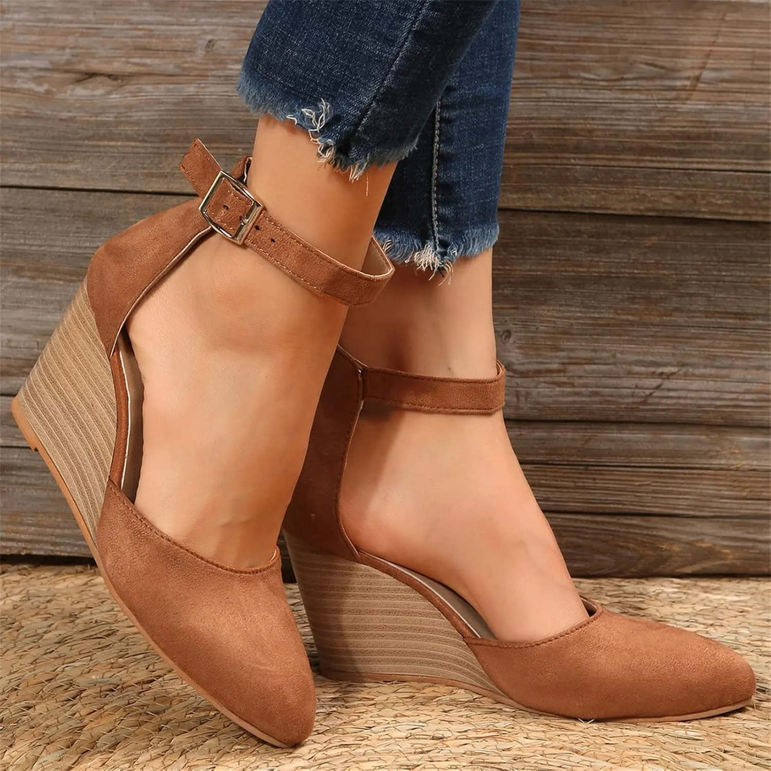 Women's Closed Toe Wedge Sandals, Comfortable Pointed Toe Buckle Ankle Strap Wedges Heels Pumps Cork Casual & Dressy Summer Shoes (A-Brown, 7)