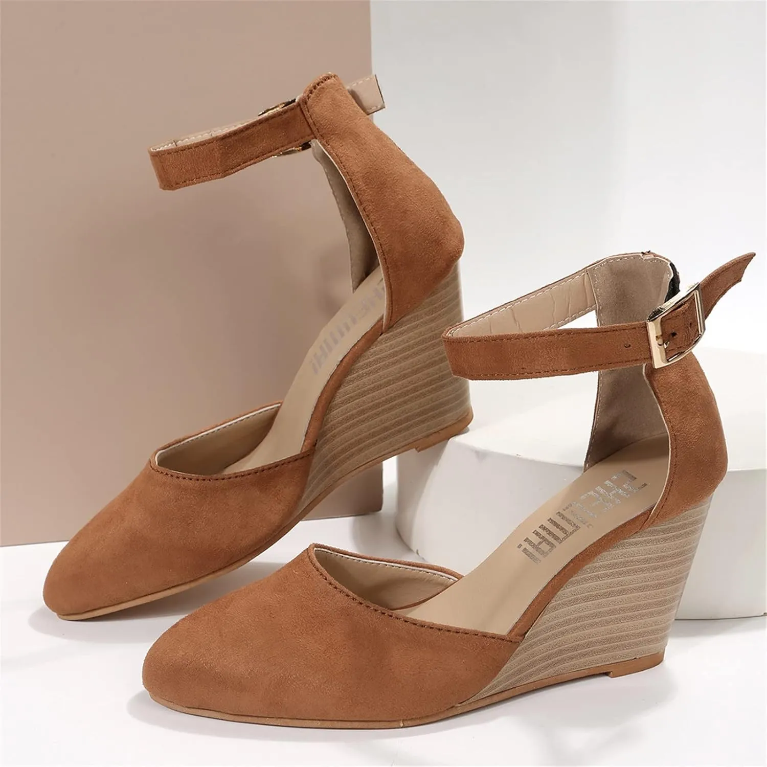 Women's Closed Toe Wedge Sandals, Comfortable Pointed Toe Buckle Ankle Strap Wedges Heels Pumps Cork Casual & Dressy Summer Shoes (A-Brown, 7)