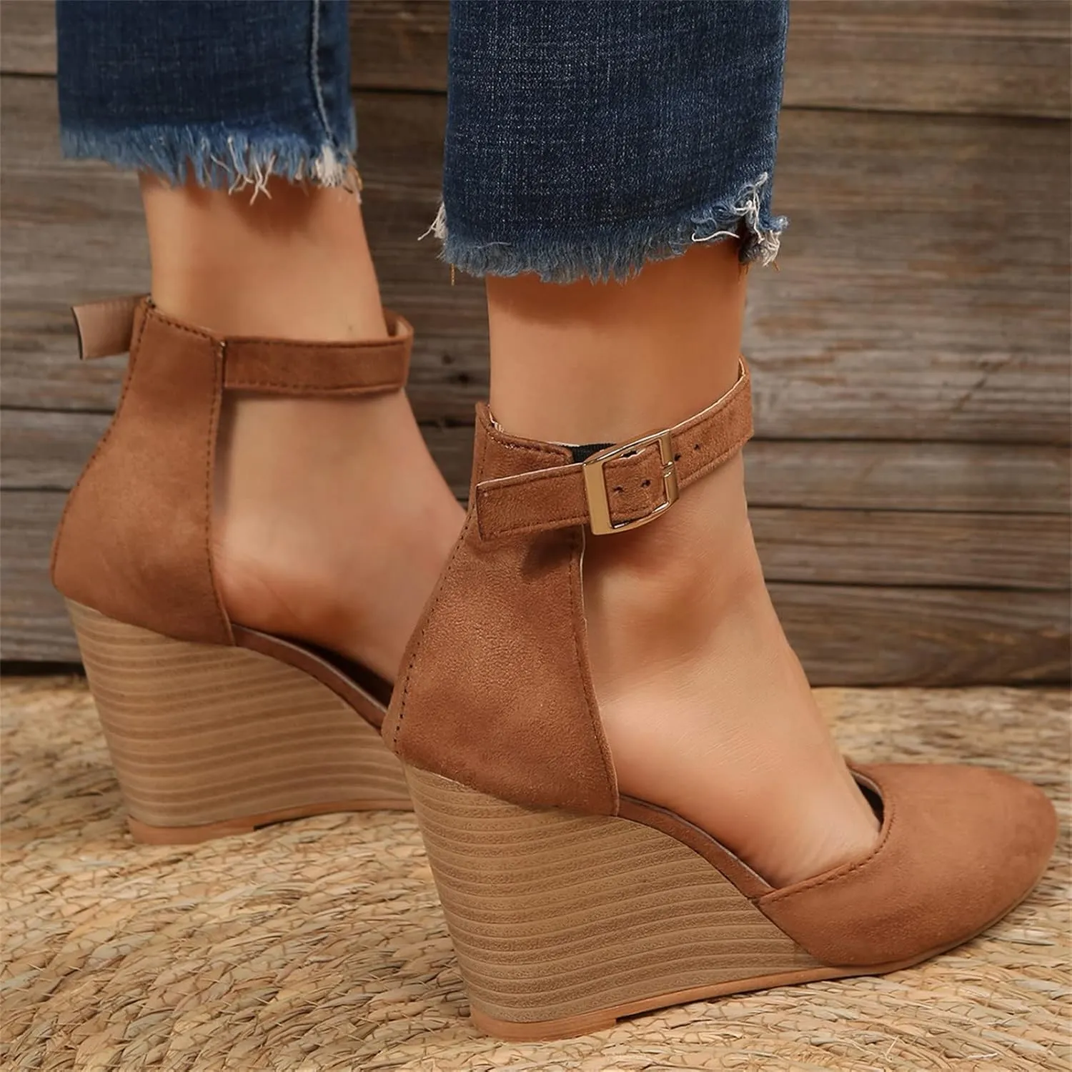 Women's Closed Toe Wedge Sandals, Comfortable Pointed Toe Buckle Ankle Strap Wedges Heels Pumps Cork Casual & Dressy Summer Shoes (A-Brown, 7)