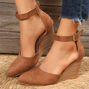 Women's Closed Toe Wedge Sandals, Comfortable Pointed Toe Buckle Ankle Strap Wedges Heels Pumps Cork Casual & Dressy Summer Shoes (A-Brown, 7)