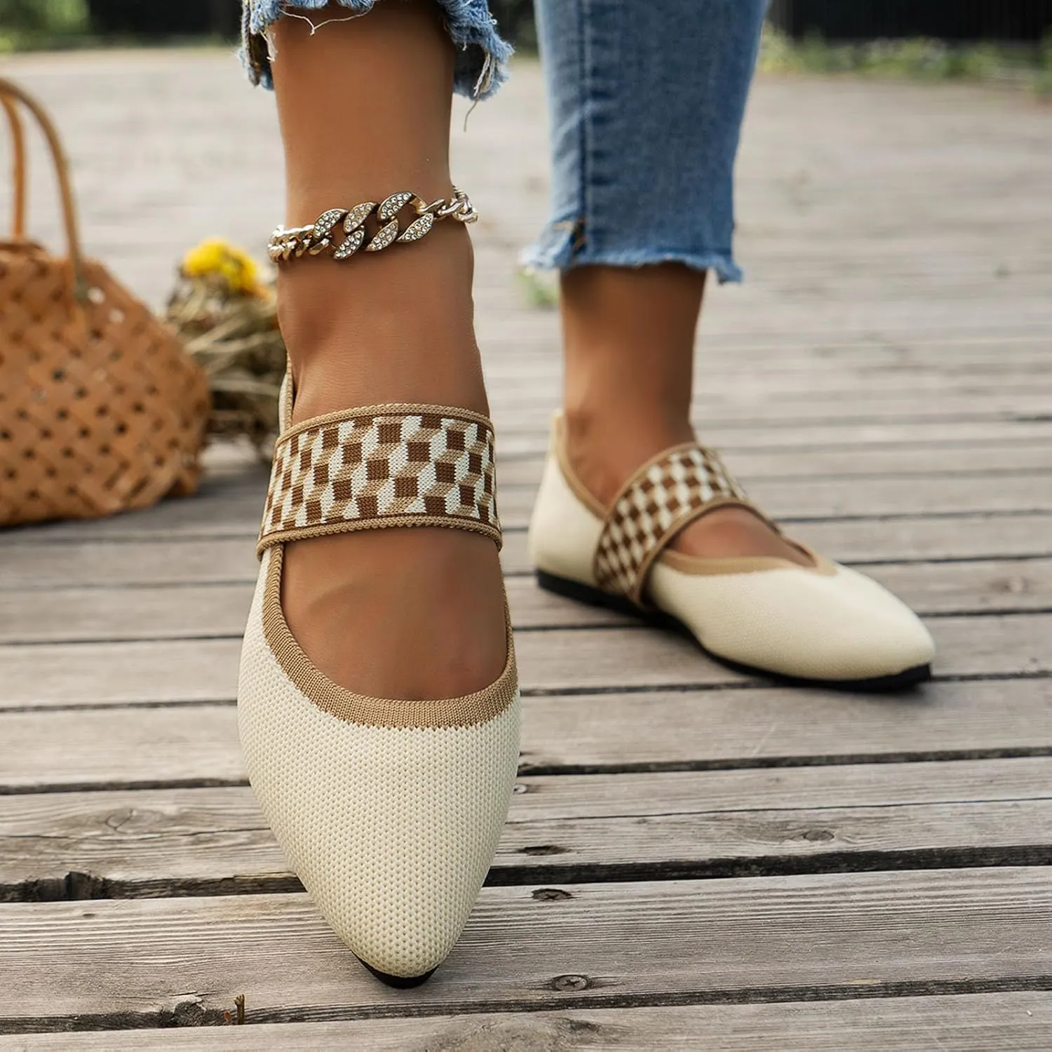 Women's Colour Blocking Lattice Shallow Mouth Hollow Flat Bottom Comfortable Single Elegant Shoes Trendy Slip on No Slip