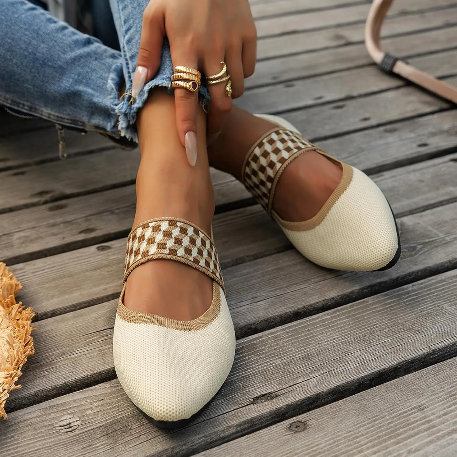 Women's Colour Blocking Lattice Shallow Mouth Hollow Flat Bottom Comfortable Single Elegant Shoes Trendy Slip on No Slip